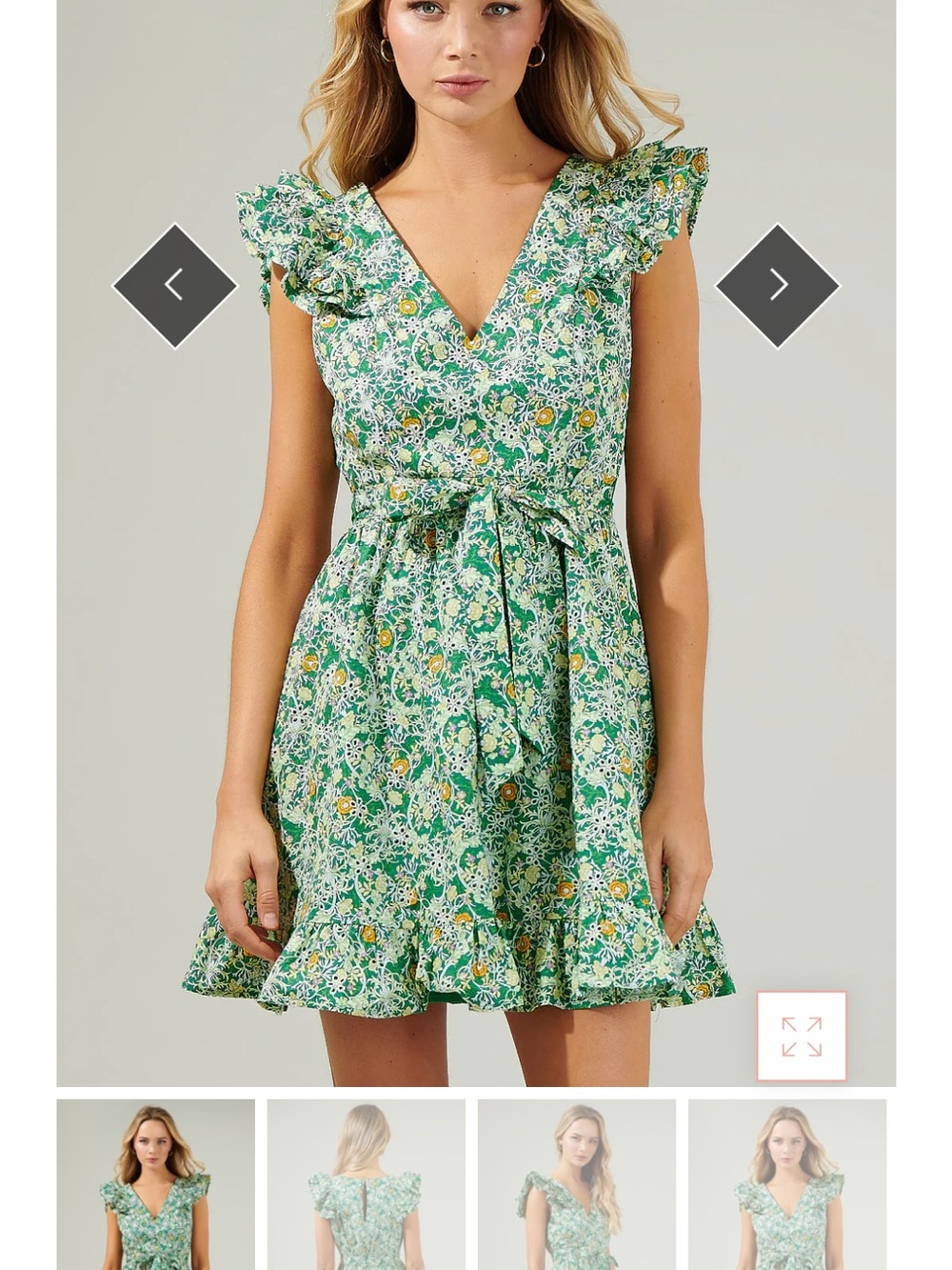 Sugarlips Green Floral Ruffle Eyelet Mini Dress with Yellow Accents